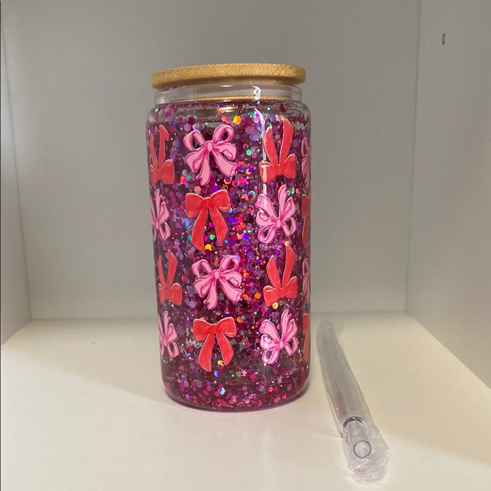 Snow globe Pink Bow Glitter Cup with Straw